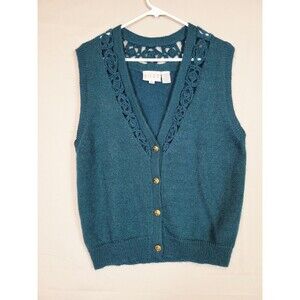 Vintage Russ Mohair Wool Sweater Vest Teal Womems Medium Crochet Trim V-Neck
